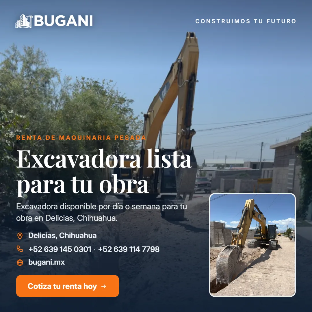 Flyer de la campaña de renta de excavadora de Bugani