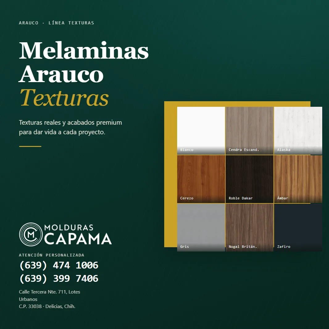 Flyer de la línea Texturas de melaminas Arauco de Molduras Capama