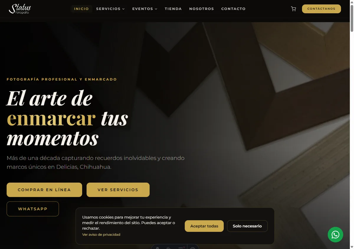Sitio web de Status Fotografía con su tienda y servicios en línea